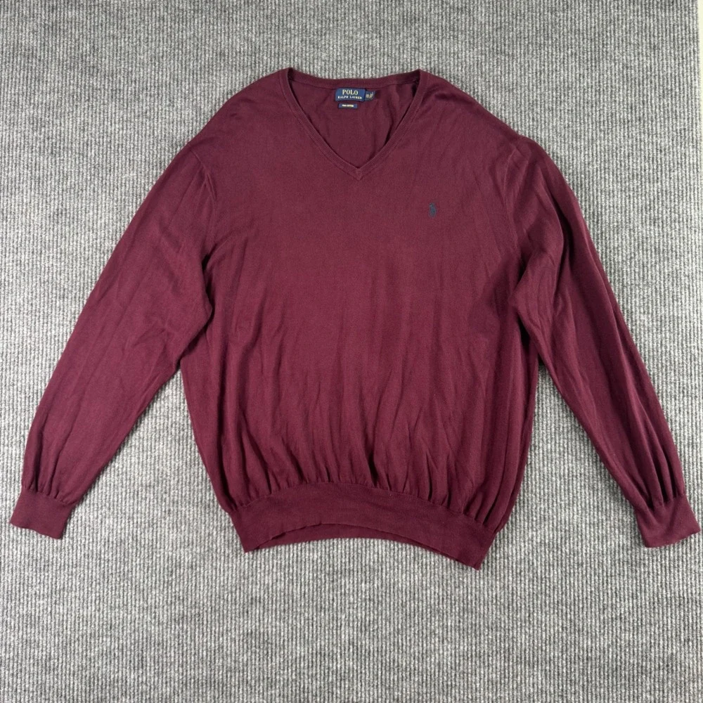 Polo Ralph Lauren Mens XXL Burgundy‎ V Neck Sweater Preppy Old Money Academia